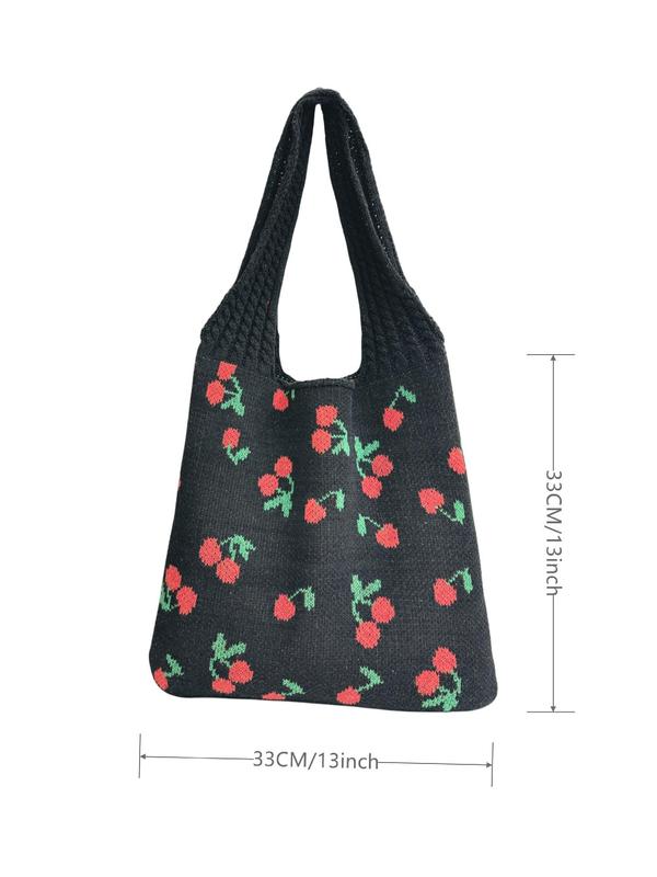 Cherry Pattern Crochet Shoulder Bag, Fashionable Women's Tote Bag, Casual Versatile Shopping Bag for Women & Girls