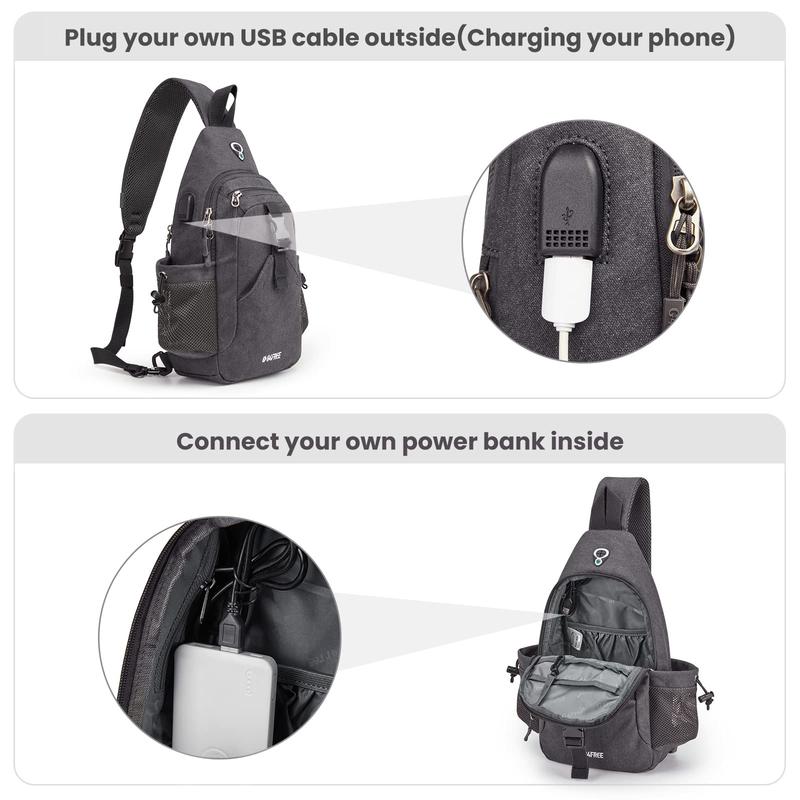 Canvas Sling Bag Crossbody Backpack with USB Charging Port & RFID Blocking, Hiking Daypack Chest Bag for Women Men