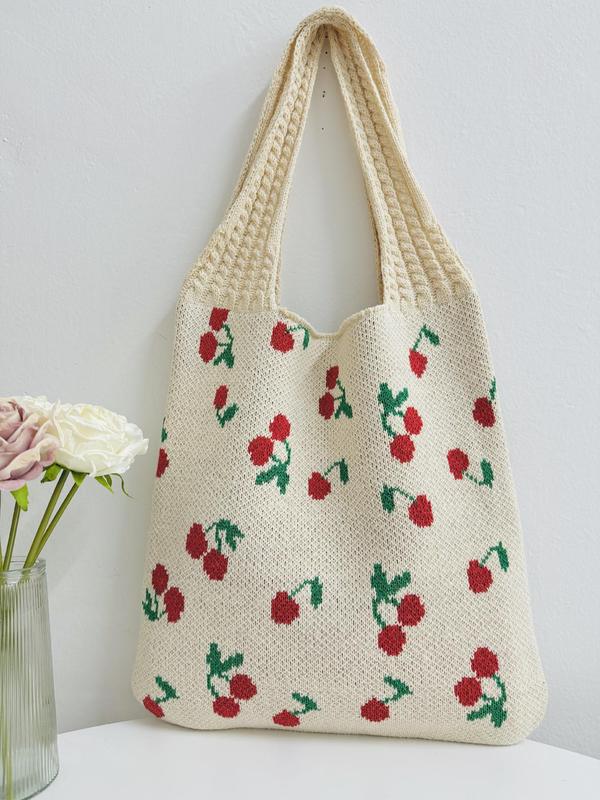 Cherry Pattern Crochet Shoulder Bag, Fashionable Women's Tote Bag, Casual Versatile Shopping Bag for Women & Girls