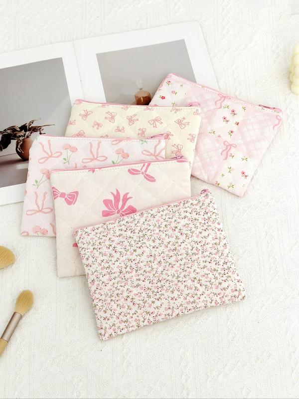 Cute Floral & Bow Pattern Makeup Bag, Quilted Cosmetic Pouch, Zipper Makeup Bag, Travel Toiletry Bag, Cosmetic Storage Bag for Women & Girls