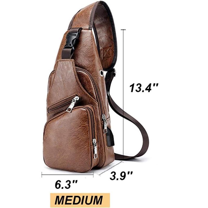 Leather Sling Bag Mens Crossbody Bag Chest Bag Sling Backpack for Men with USB Charge Port