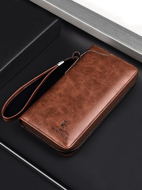 Men's Business Fashion Zipper Wallet, 2024 New Style Simple Plain Color PU Leather Wallet, Multi-functional Wallet with Wrist Strap for Men Dainty Gift for Your Love