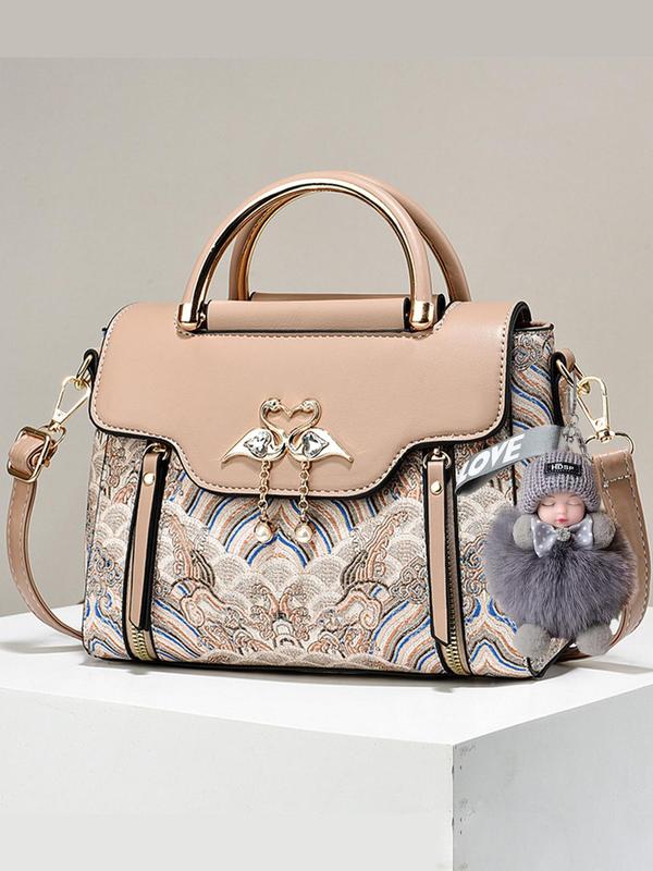 Women's Elegant Crane Design Closure Handbag, Fashionable Graphic Decorated Square Bag with Charm, Casual Trendy Versatile High-quality Daily Commuting Bag