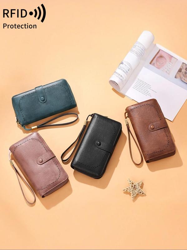 Women's Solid Color Zipper Long Wallet, Fashionable Multi-card Card Holder, Multi-functional Wallet with Wrist Strap for Daily Use