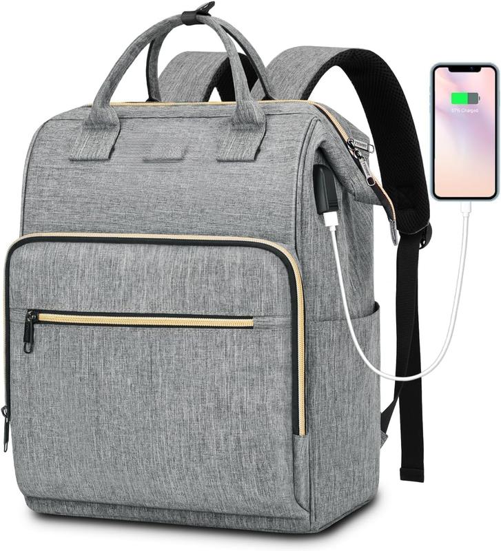 Backpack for Women, 15.6 Inch Bookbag for Women Laptop Backpack Women, Wide Open Anti- Teacher Backpack College School Work Nurse Bag, Water Resistant Business Computer Backpack, Grey