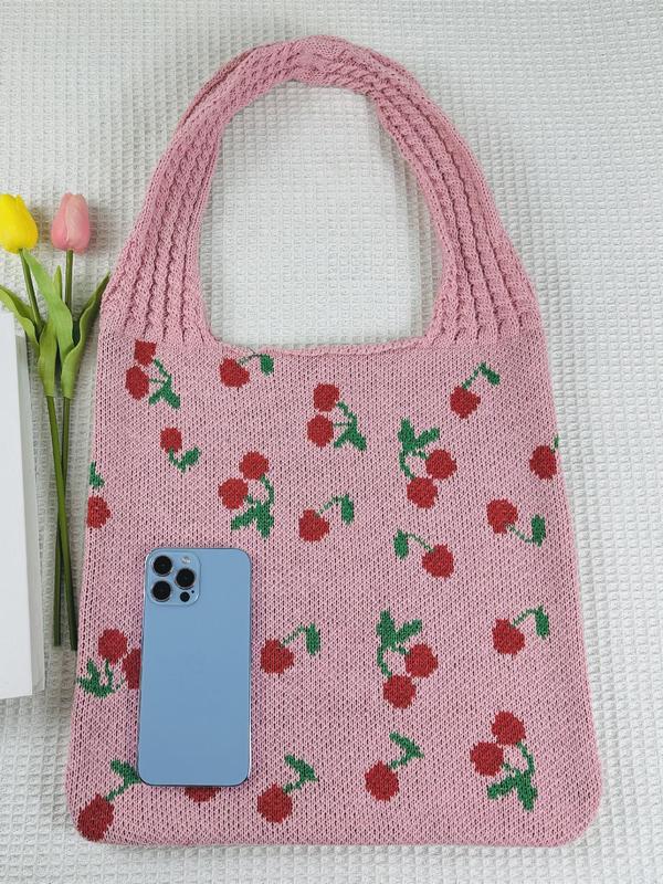 Cherry Pattern Crochet Shoulder Bag, Fashionable Women's Tote Bag, Casual Versatile Shopping Bag for Women & Girls