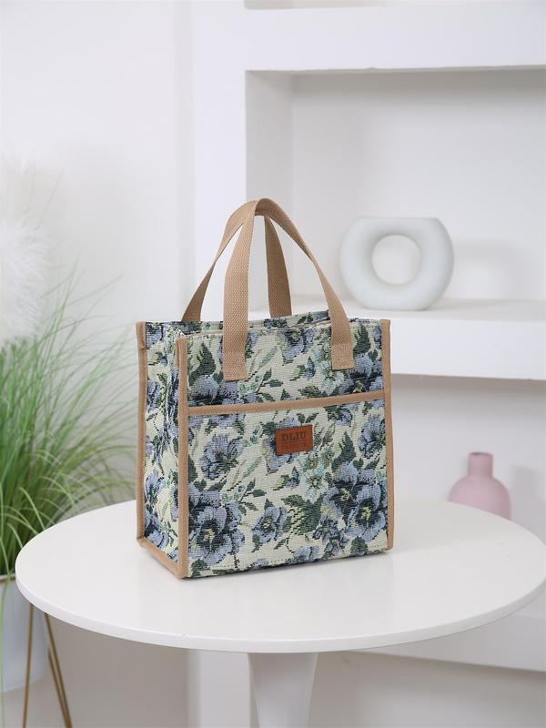 Floral Pattern Lunch Bag, Casual Large Capacity Insulated Bag with Handle, Lunch Box Storage Bag for Women & Men