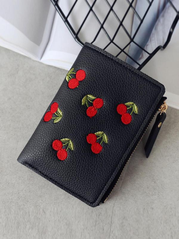 Women's Cute Cherry Embroidered Short Wallet, Trendy Elegant Bifold Wallet, Chic All-match Card Holder for Daily Life for Women & Girls