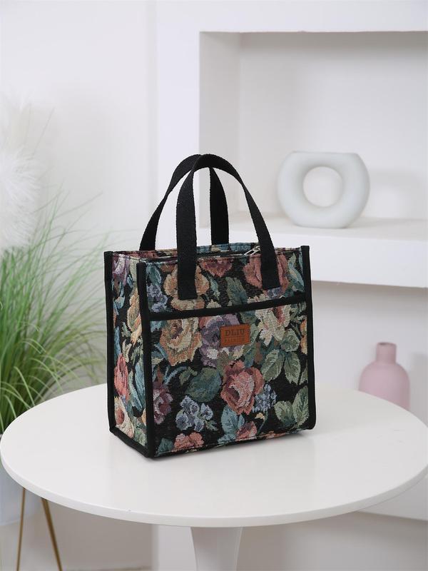 Floral Pattern Lunch Bag, Casual Large Capacity Insulated Bag with Handle, Lunch Box Storage Bag for Women & Men