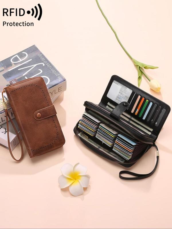 Women's Solid Color Zipper Long Wallet, Fashionable Multi-card Card Holder, Multi-functional Wallet with Wrist Strap for Daily Use