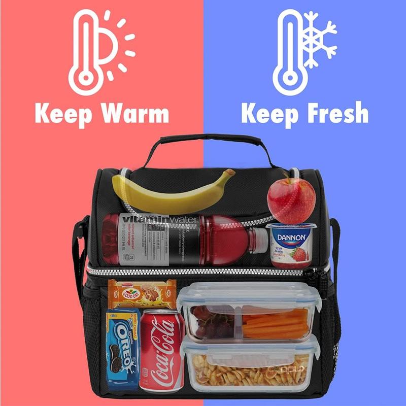 Lunch Box For Men Women, Insulated Large Lunch Bag Adult Work, Double Decker Lunchbox Meal Prep, Dual Compartment Leakproof Lunch Cooler, Soft Lunch Pail Tote Boys Girls  School, Black 16 Can