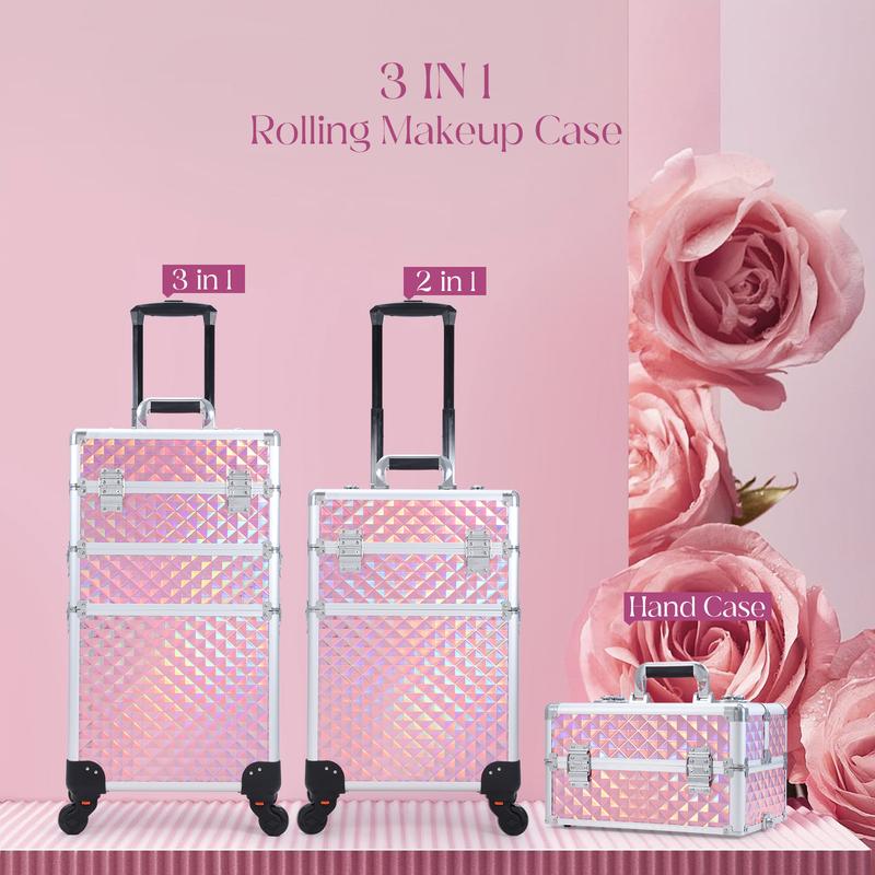 Joligrace 3 in 1 Rolling Makeup Train Case Large Cosmetic Trolley Salon Barber Case for Make Up Hairstylists Nail Tech Aluminum Makeup Trolley Case