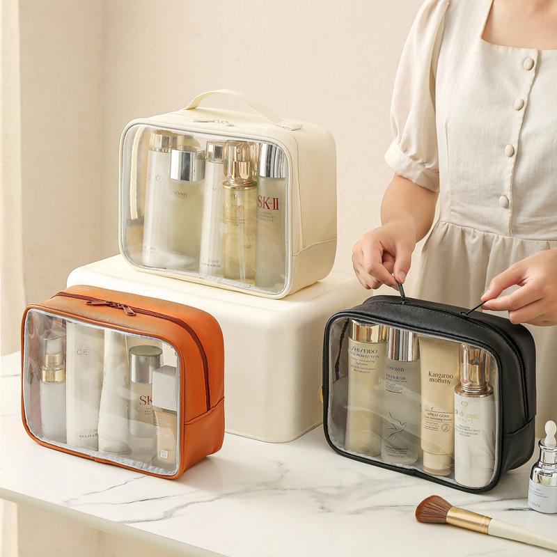 Clear and Waterproof Makeup Bag Portable Travel Cosmetic Case Organizer for Women Toiletry Pouch with Transparent Vinyl Windows & Zippers