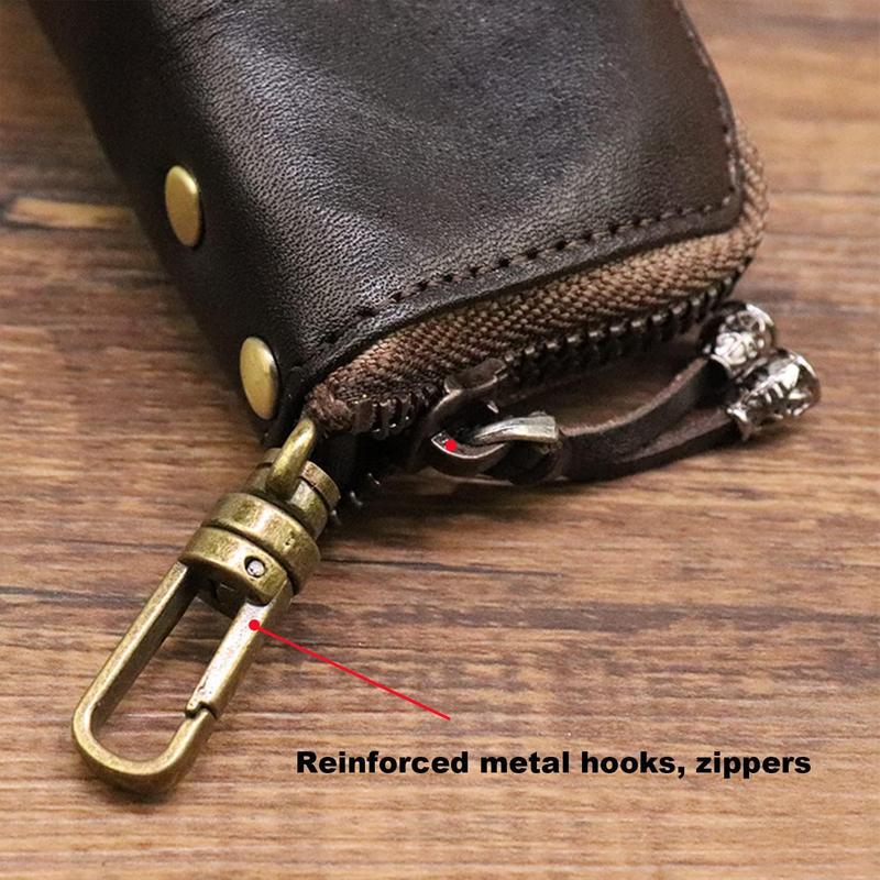 Leather Zipper Coin Pouch - Genuine Cowhide,Coin Organizer, Change Holder，Keychain Coin Purse for Men & Women