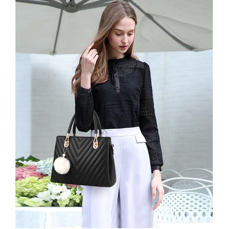 Womens Fashion Leather Handbags Quilted Purses Top-handle Totes Satchel Bag for Ladies Shoulder Bag for Women with Pompom