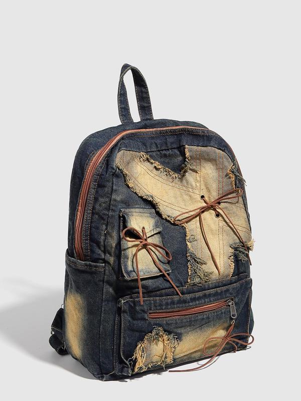 Denim Backpack, Retro Washed Denim Backpack with Bowknot Design, Large Capacity Commuter Bag, Functional Bag for Women & Men