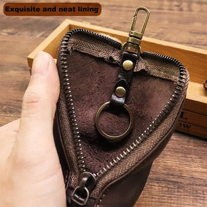 Leather Zipper Coin Pouch - Genuine Cowhide,Coin Organizer, Change Holder，Keychain Coin Purse for Men & Women