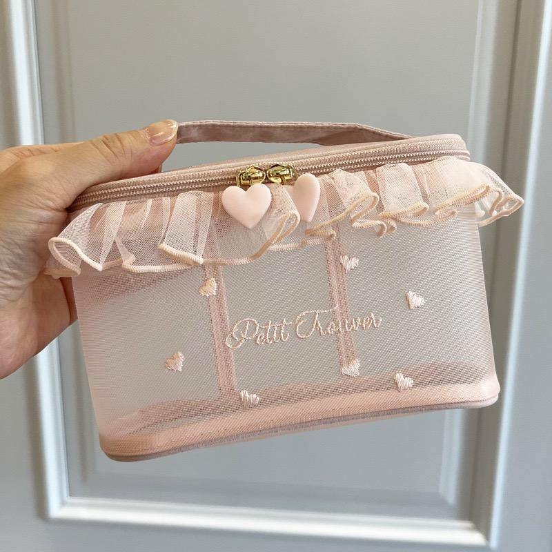 Petit Trouver Elegant Mesh Makeup Bag with Delicate Heart Embroidery and Lace Detail, Charming Handheld Cosmetic Pouch, Perfect for Tissues, Lip Sticks and Makeup Touch-Ups, Adorable Accessory Organizer