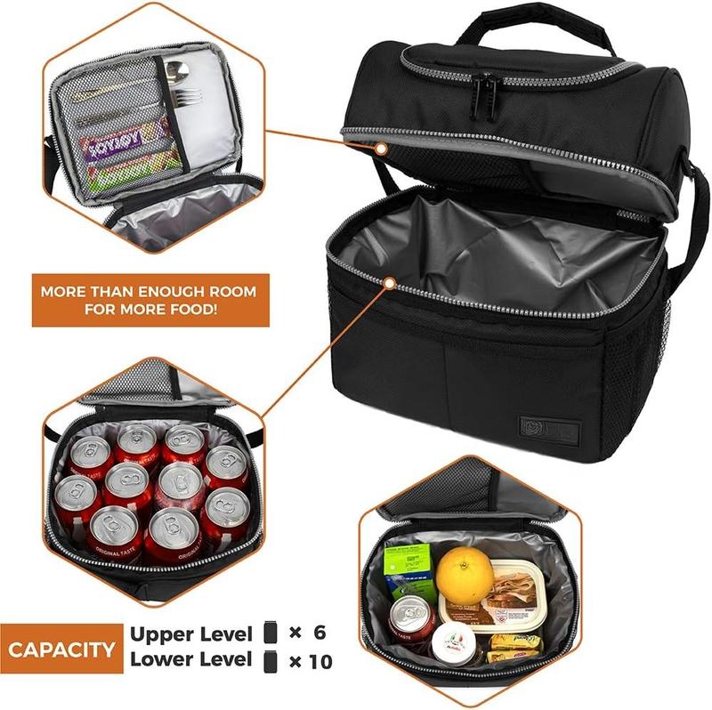 Lunch Box For Men Women, Insulated Large Lunch Bag Adult Work, Double Decker Lunchbox Meal Prep, Dual Compartment Leakproof Lunch Cooler, Soft Lunch Pail Tote Boys Girls  School, Black 16 Can