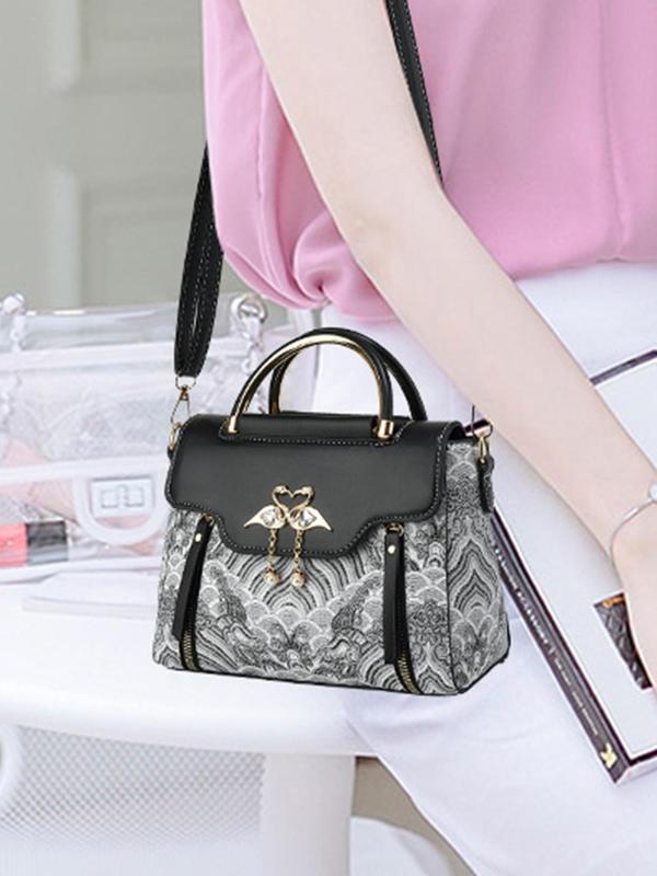 Women's Elegant Crane Design Closure Handbag, Fashionable Graphic Decorated Square Bag with Charm, Casual Trendy Versatile High-quality Daily Commuting Bag