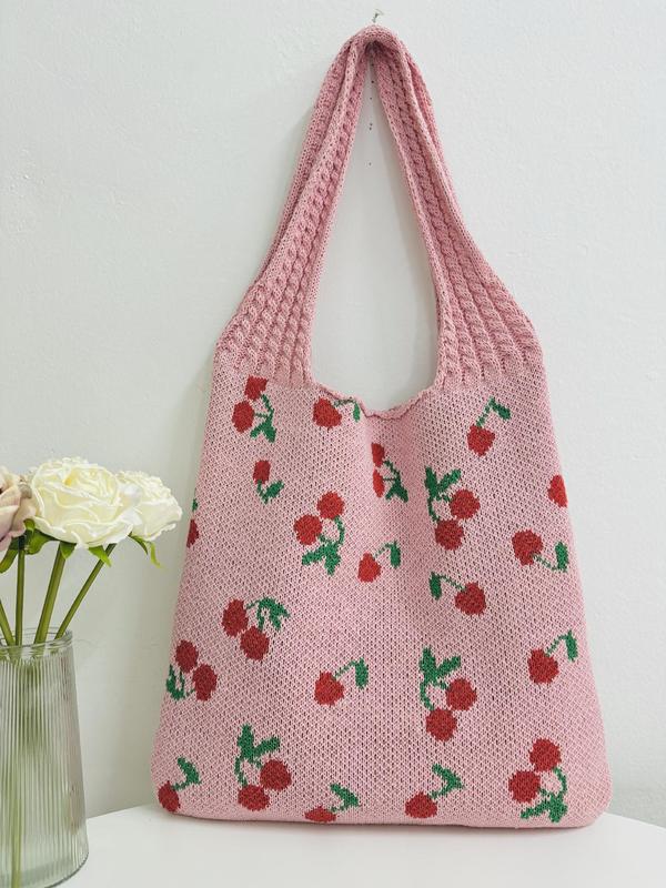 Cherry Pattern Crochet Shoulder Bag, Fashionable Women's Tote Bag, Casual Versatile Shopping Bag for Women & Girls