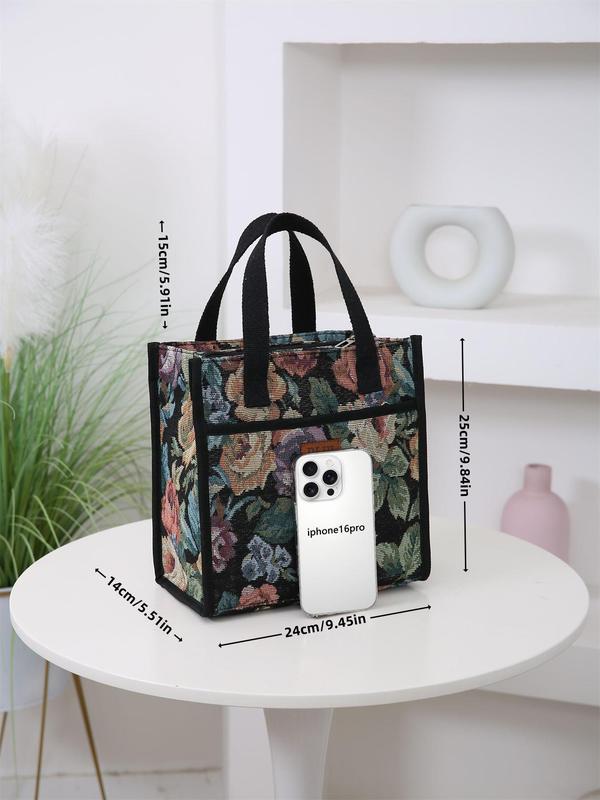 Floral Pattern Lunch Bag, Casual Large Capacity Insulated Bag with Handle, Lunch Box Storage Bag for Women & Men