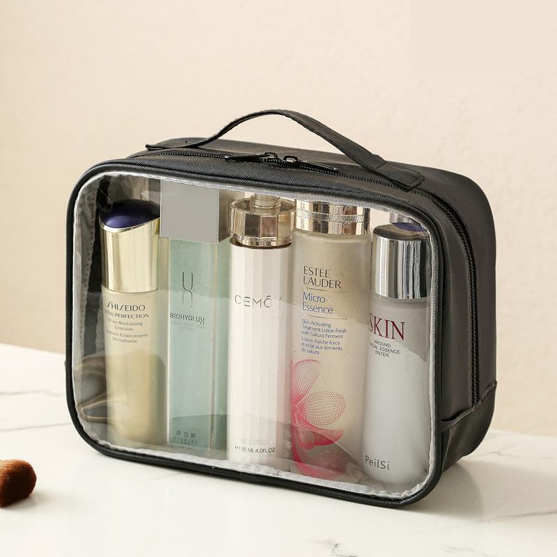 Clear and Waterproof Makeup Bag Portable Travel Cosmetic Case Organizer for Women Toiletry Pouch with Transparent Vinyl Windows & Zippers