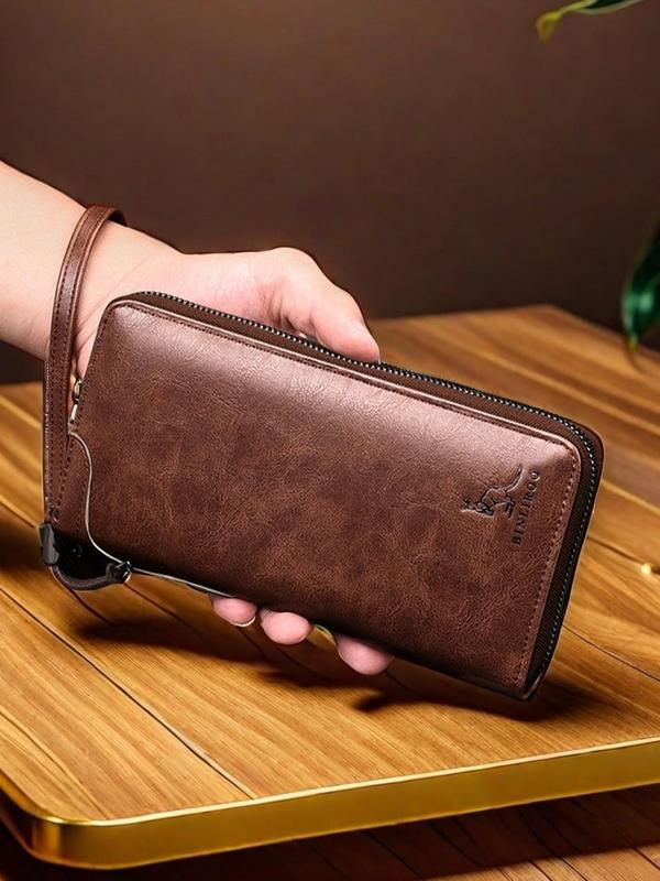 Men's Business Fashion Zipper Wallet, 2024 New Style Simple Plain Color PU Leather Wallet, Multi-functional Wallet with Wrist Strap for Men Dainty Gift for Your Love