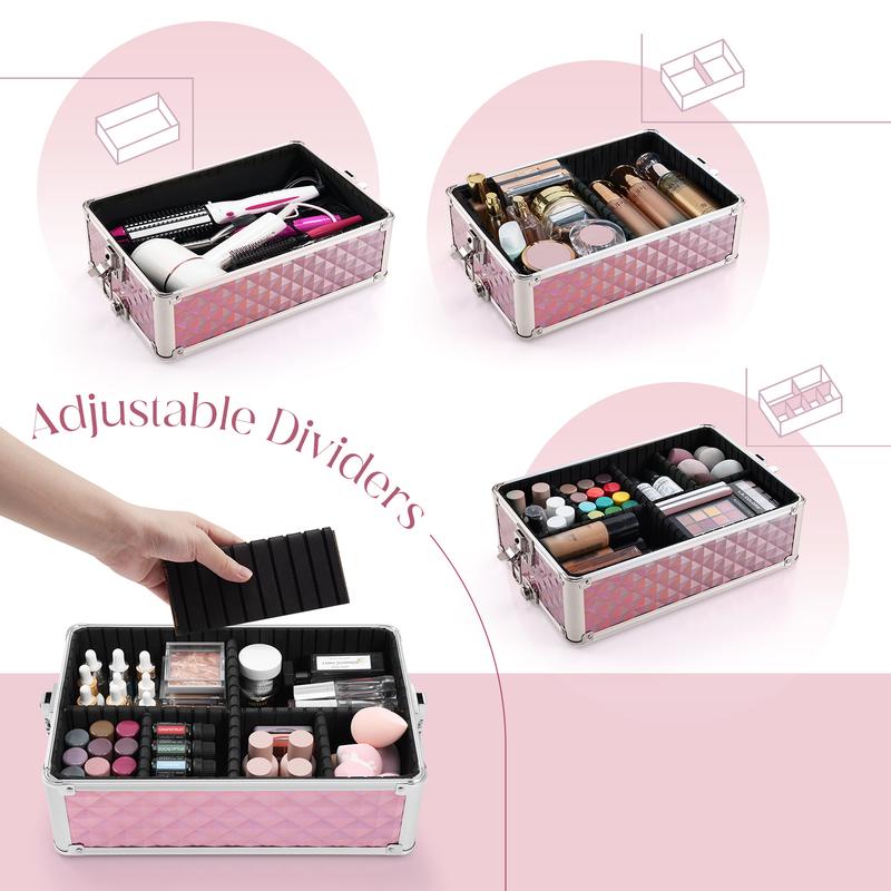 Joligrace 3 in 1 Rolling Makeup Train Case Large Cosmetic Trolley Salon Barber Case for Make Up Hairstylists Nail Tech Aluminum Makeup Trolley Case