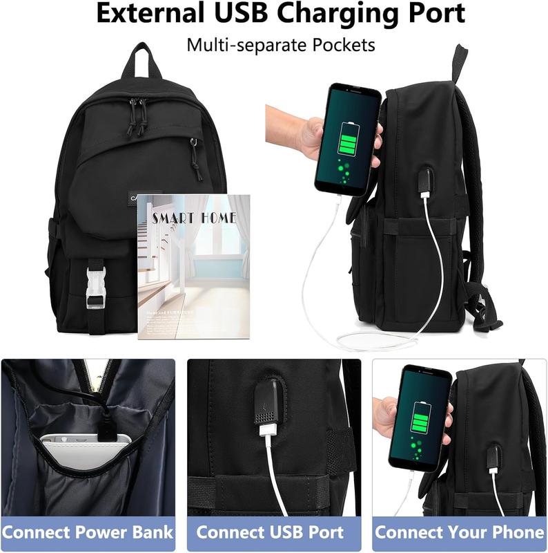 Black School Backpack Students Bookbag: 15.6 Inch Laptop Backpack for Women College Bag with USB Charging Port Black Backpack for Girls Teens and Boys School Bag for Women