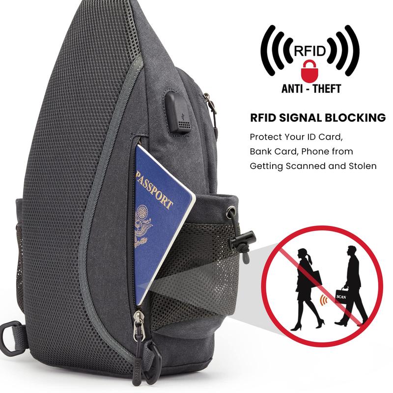 Canvas Sling Bag Crossbody Backpack with USB Charging Port & RFID Blocking, Hiking Daypack Chest Bag for Women Men