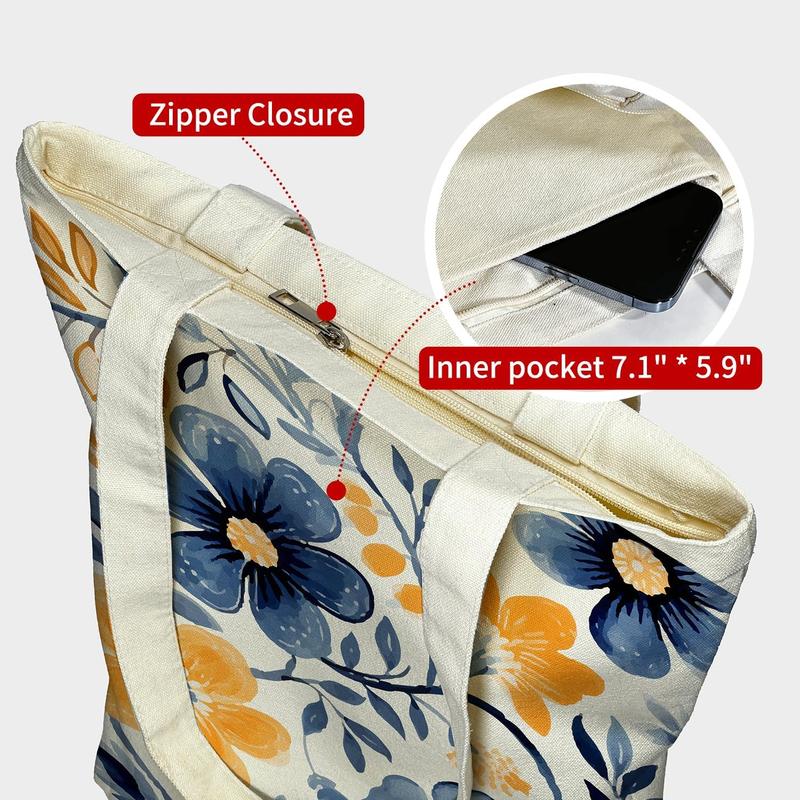 Canvas Tote Bag, Zipper Tote Bag for Women, Tote Bag with Zipper Inner Pocket Pattern Lightweight Daily Bag Book Bag