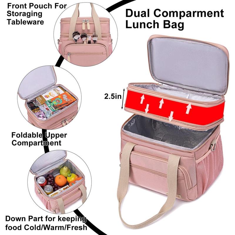 Lunch Bag for Women, Loncheras Para Mujer, Leakproof Insulated Large Lunchbox Dual Compartment Lunch Box Adult For Work Beach Picnic Hiking (15L) (Pink)