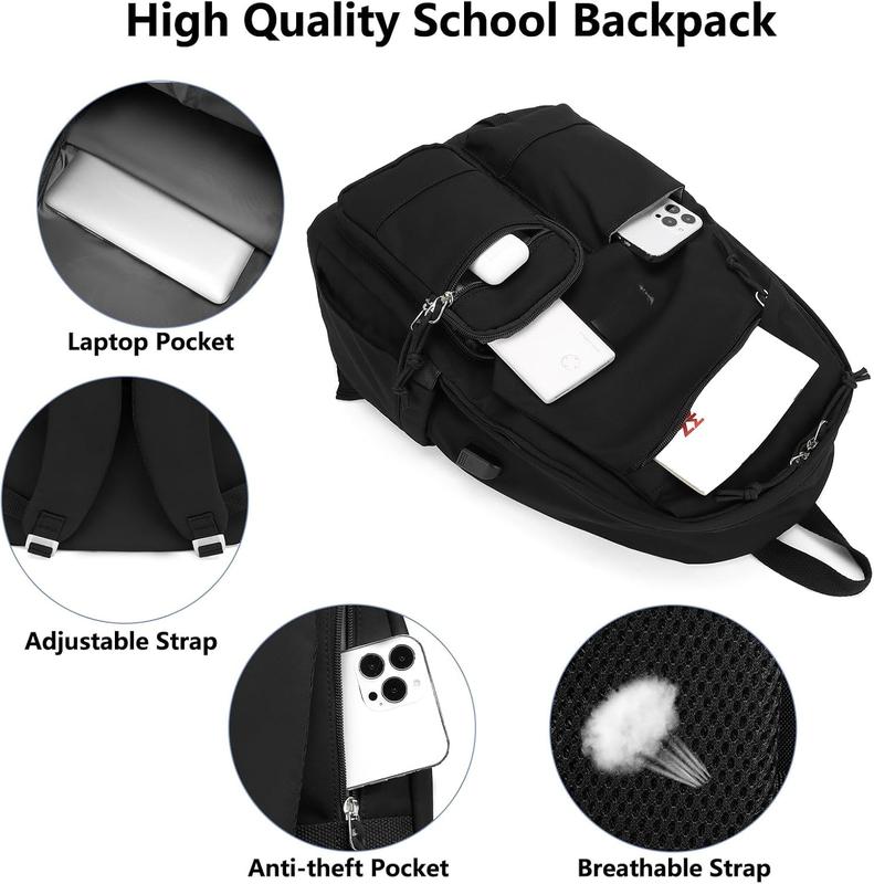 Black School Backpack Students Bookbag: 15.6 Inch Laptop Backpack for Women College Bag with USB Charging Port Black Backpack for Girls Teens and Boys School Bag for Women