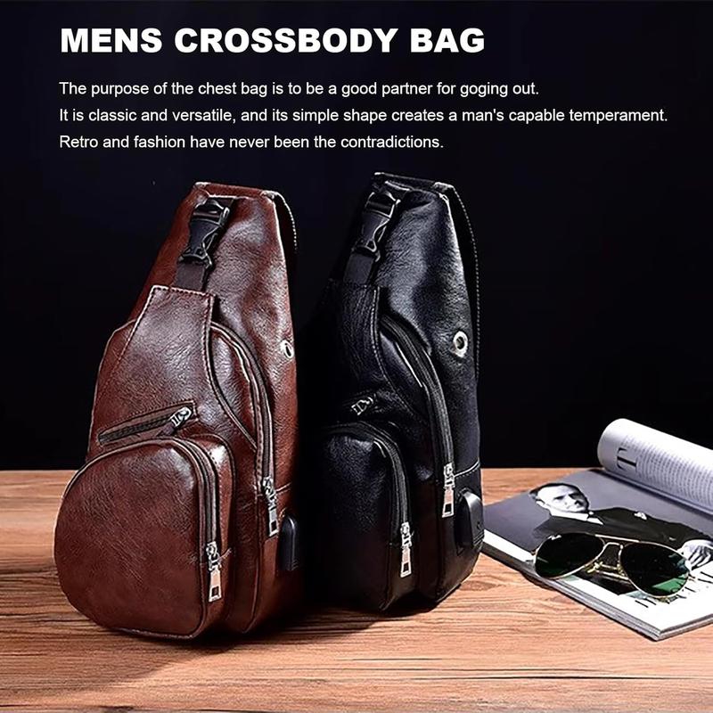 Leather Sling Bag Mens Crossbody Bag Chest Bag Sling Backpack for Men with USB Charge Port