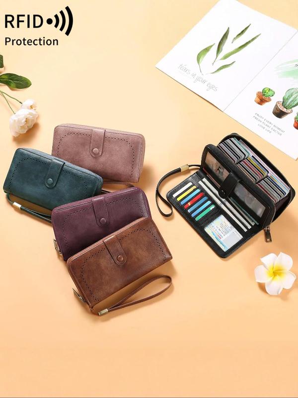 Women's Solid Color Zipper Long Wallet, Fashionable Multi-card Card Holder, Multi-functional Wallet with Wrist Strap for Daily Use