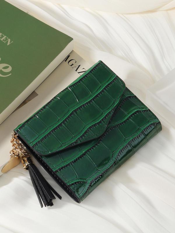 Women's Elegant Crocodile Embossed Trifold Wallet, Trendy Vintage Short Wallet with Tassel Charm, All-match Card Holder for Daily Use