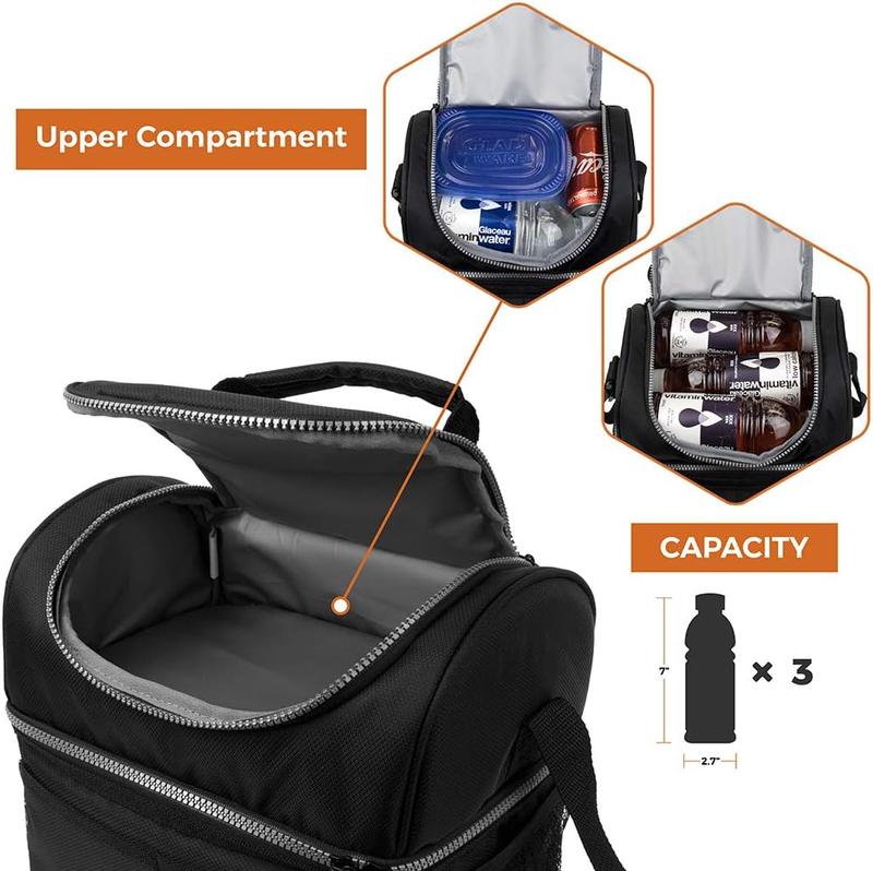 Lunch Box For Men Women, Insulated Large Lunch Bag Adult Work, Double Decker Lunchbox Meal Prep, Dual Compartment Leakproof Lunch Cooler, Soft Lunch Pail Tote Boys Girls  School, Black 16 Can