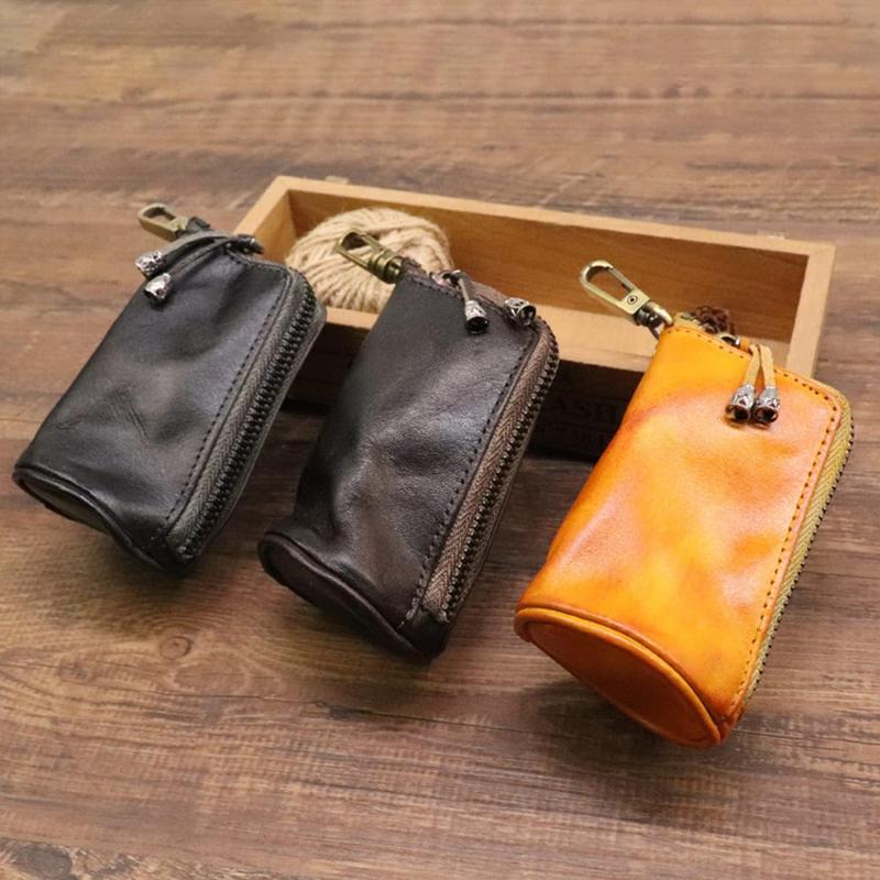 Leather Zipper Coin Pouch - Genuine Cowhide,Coin Organizer, Change Holder，Keychain Coin Purse for Men & Women