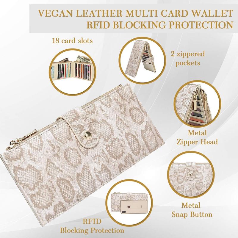 Womens Multi-Card Wallet - PU Vegan Leather Wallet for Women, RFID Blocking, Large Capacity With Zipper Pockets - Multiple Colors