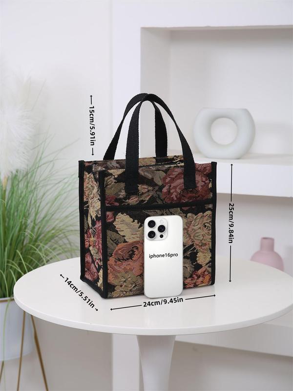 Floral Pattern Lunch Bag, Casual Large Capacity Insulated Bag with Handle, Lunch Box Storage Bag for Women & Men