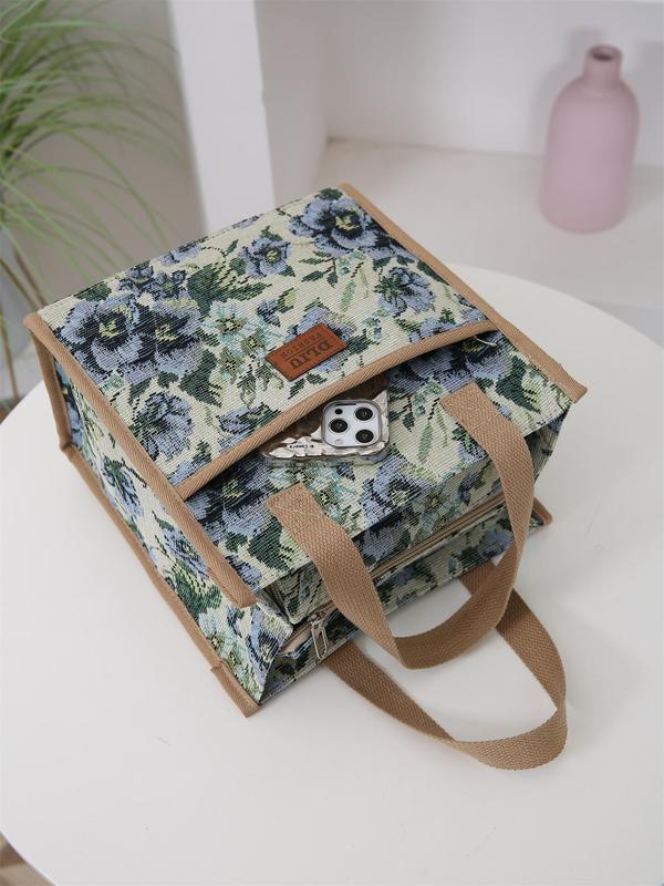 Floral Pattern Lunch Bag, Casual Large Capacity Insulated Bag with Handle, Lunch Box Storage Bag for Women & Men