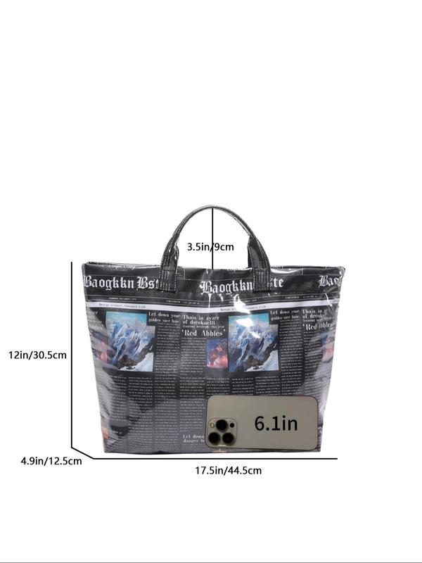 Women's Fashion Newspaper Design Tote Bag, Large Capacity Waterproof Handbag, Casual Trendy Versatile High-quality Daily Commuting Bag, Girl Fashion Shopping Bag