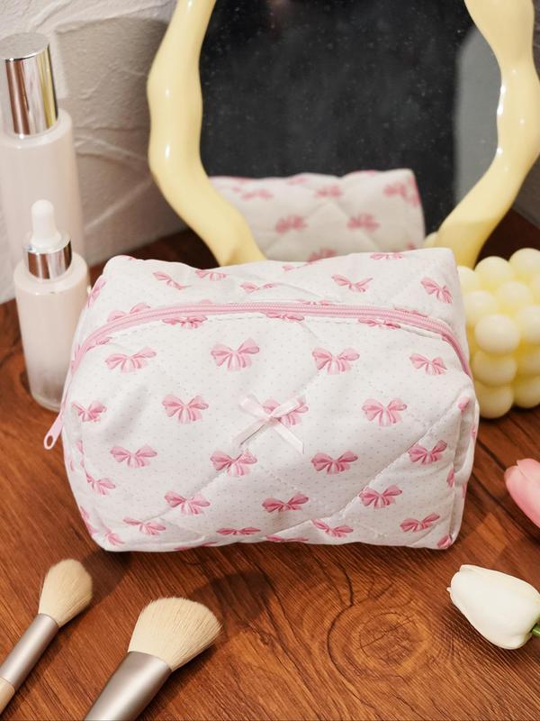 2024 Matching Bowknot Pattern Quilted Makeup Bag, Fashionable Cosmetic Storage Bag with Zipper Pouch, Travel Toiletry Bag for Women & Girls