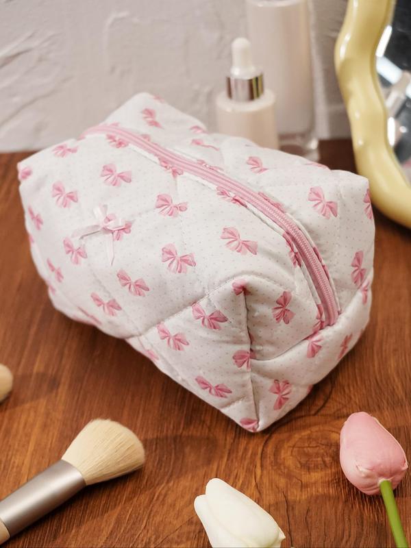 2024 Matching Bowknot Pattern Quilted Makeup Bag, Fashionable Cosmetic Storage Bag with Zipper Pouch, Travel Toiletry Bag for Women & Girls