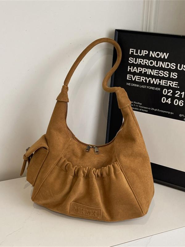 Women's Solid Color Ruched Design Tote Bag, Fashionable Suede Shoulder Bag for Daily Used, Casual Trendy Versatile High-quality Daily Commuting Bag