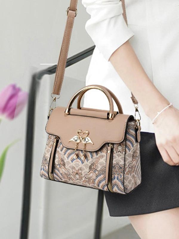 Women's Elegant Crane Design Closure Handbag, Fashionable Graphic Decorated Square Bag with Charm, Casual Trendy Versatile High-quality Daily Commuting Bag