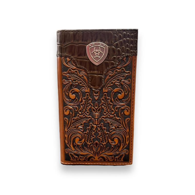 Men's Rodeo Wallet Checkbook Cover - Two Tone Tooled Leather