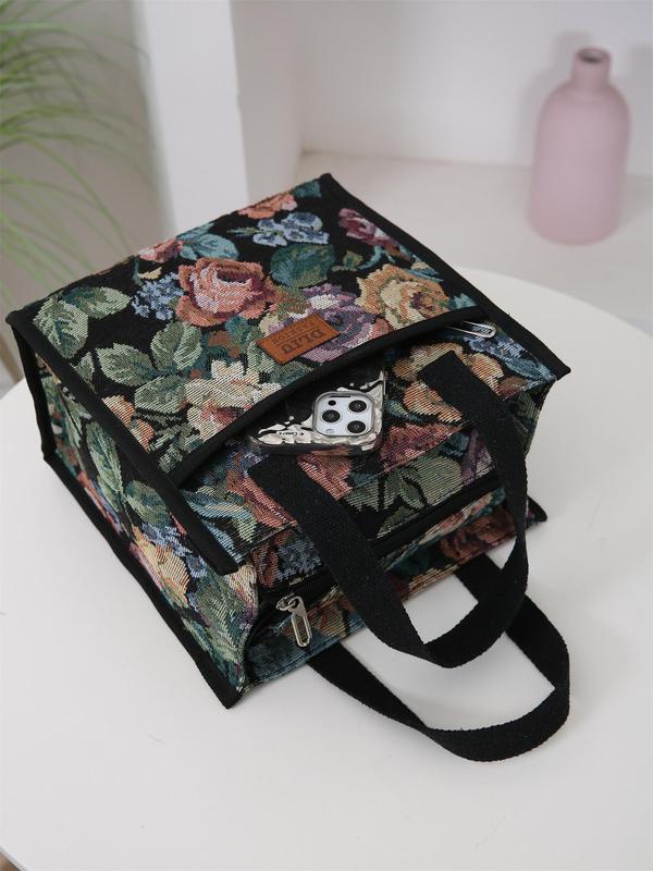 Floral Pattern Lunch Bag, Casual Large Capacity Insulated Bag with Handle, Lunch Box Storage Bag for Women & Men