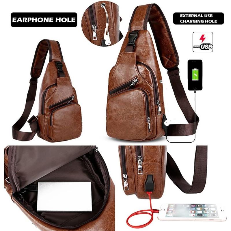 Leather Sling Bag Mens Crossbody Bag Chest Bag Sling Backpack for Men with USB Charge Port